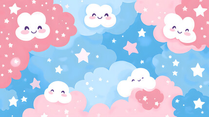 Cute cartoon sky background with smiling clouds and stars for baby designs
