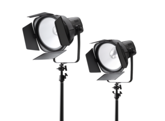 Two softbox studio lights on stands isolated on a transparent background