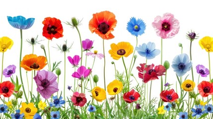 Fototapeta premium Wildflowers in Bloom Against a Bright White Background, Capturing the Essence of Nature and Vibrancy in Floral Beauty