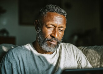 Senior black man using digital tablet at home