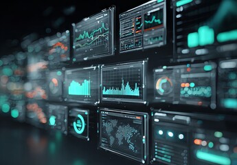 Futuristic control room monitoring global data and statistics on transparent screens