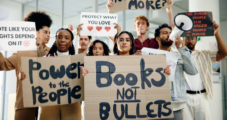 Protest, poster and support with portrait of students for school shooting, awareness and justice....