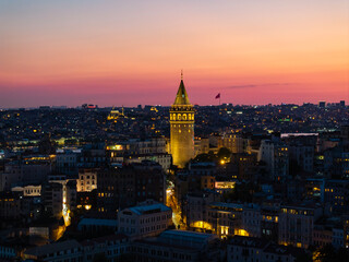 Fototapeta premium Istanbul Icon Galata Tower in the Sunset Lights Drone Photo, Galata Beyoglu, Istanbul Turkiye (Turkey)