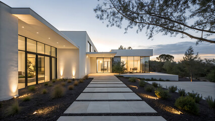 The modern house with a long pathway leading to the entrance is bathed in the warm glow of evening light, creating an inviting atmosphere