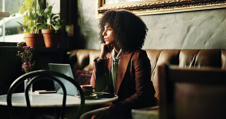 Business, thinking and woman in cafe, laptop and decision with creative project, copywriting or choice. Person, freelancer and entrepreneur in restaurant, computer and problem solving with solution