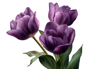  Purple Tulip Bouquet with Green Leaves and Curved Stems Angled Composition Transparent Background