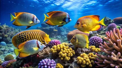 Obraz premium Vibrant Reef Inhabitants Swimming Amongst Colorful Coral and Sponges in a Sunlit Underwater Scene