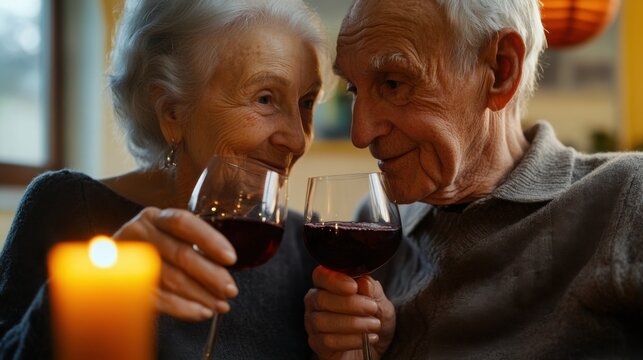 A loving senior couple toasting with red wine by candlelight eyes sparkling with warmth in soft