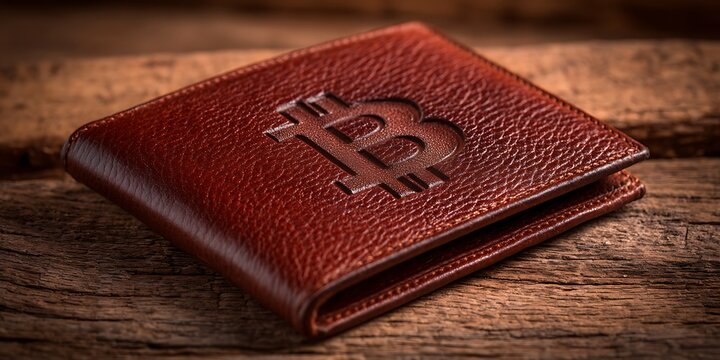 Premium Brown Leather Bitcoin Wallet on Rustic Wood Background for Stylish Crypto Enthusiasts and Modern Investors