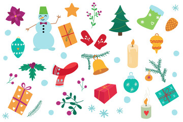 Christmas doodle set isolated on a white background. Colored icon, hand drawn illustration  for card, invitations and christmas decor. Christmas decor elements.