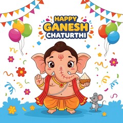 Cute cartoon ganesha celebrating ganesh chaturthi with balloons and confetti
