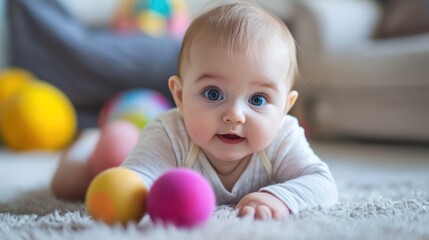 Obraz premium A baby lying on a rug with colorful balls around them.
