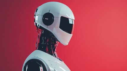 A white robot with a red background.
