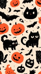 Colorful Halloween-themed pattern featuring black cats, pumpkins, and bats on a light background