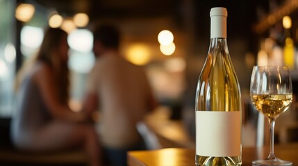 Aromatic white wine bottle inviting shared moments of joy at a cozy bar with soft ambient warm