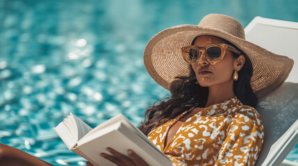 Fototapeta premium young woman in hat in a pool reading