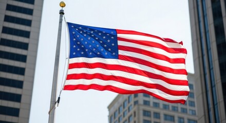 American flag waves among urban buildings