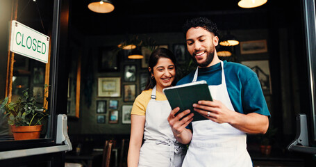Tablet, teamwork and people in cafe, employees and smile with help, menu items and teaching. Business, happy man and woman in restaurant, tech and digital app for online order, support or cooperation
