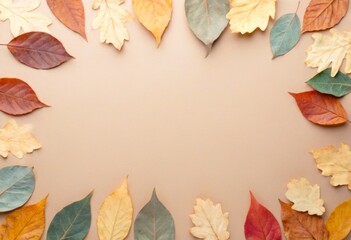 Herbstliche Blätter in warmen Farben bilden einen Rahmen auf hellem Hintergrund, ideal für saisonale Designs oder Grußkarten. Generative KI