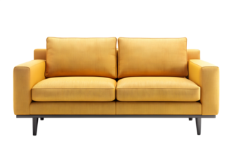 A yellow sofa with cushions is standing on a transparent background, ready for relaxing, isolated on transparent background