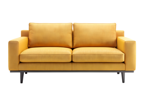 A yellow sofa with cushions is standing on a transparent background, ready for relaxing, isolated on transparent background