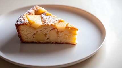 Slice of Apple Cake with Powdered Sugar on a White Plate