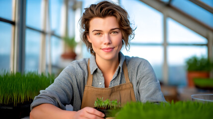 Woman is looking at camera while nurturing delicate seedlings in greenhouse. Bright and airy setting with lush greenery. Concept of gardening, horticulture, sustainable farming