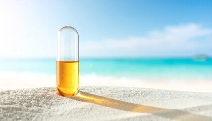 Single transparent fish oil capsule floating above soft white sand with serene summer beach background and subtle ocean waves under clear sky
