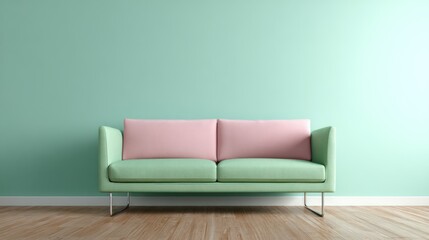 Fuchsia accent wall contrasting pastel green furniture with minimalist chrome legs top-down soft shadows on walnut wood floor grading