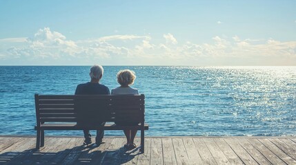 An elderly couple sitting on a wooden bench by the ocean, enjoying the view.