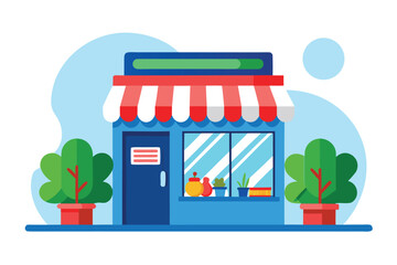 Cartoon storefront illustration blue building with striped awning and potted plants image