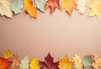 Herbstliche Blätter in warmen Farben bilden einen Rahmen auf beigen Hintergrund, ideal für saisonale Designs oder Grußkarten. Generative KI
