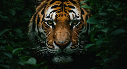 Close up of powerful tiger's face  eyes piercing through jungle leaves.
