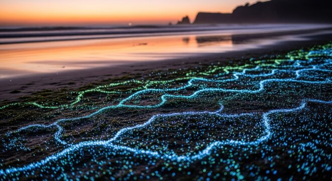 Bioluminescent algae glows along shore at sunset