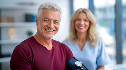 Older man smiling while having his blood pressure checked. Bright clinic with large windows, clean environment showcasing healthcare services. Concept of medical checkup, senior health, wellness
