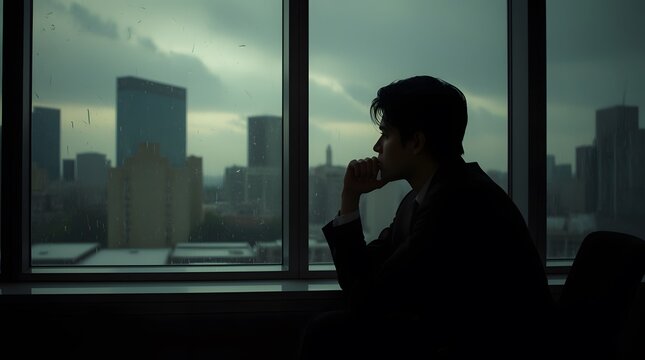 Man looking out window office building cityscape thinking business depression concept - Powered by Adobe