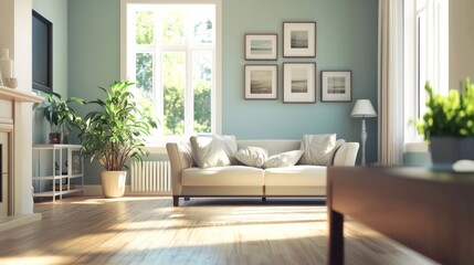 Naklejka premium A serene living room with a light blue wall, white couch, and potted plants.
