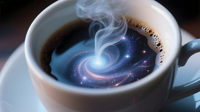 A cup of coffee with steam rising, revealing a cosmic galaxy within the liquid.