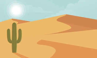 Cactus Desert Landscape at Sunset with Mountains, Flat Illustration