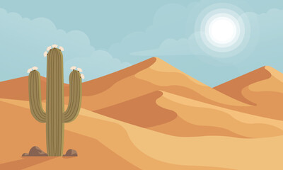 Vivid Desert Sunset with blue Sky and Mountains, Vector Art