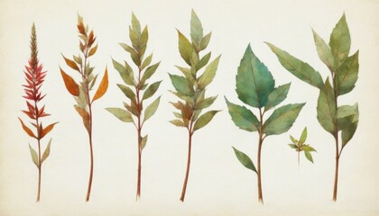 Aquarell, Pflanzen, Bl&auml;tter, botanisch, Illustration, Natur, florales Design, Vintage, gr&uuml;n, rot, Herbst, Fr&uuml;hling, Handgemalt, elegant, zart, Textur, minimalistisch, Dekoration, &auml;sthetisch, ruhig, Ku