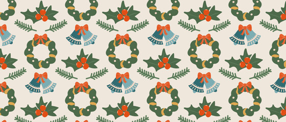 Christmas pattern with bells and wreaths. Winter holiday background. New Year print for fabric and gift wrap.