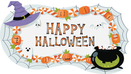 Happy halloween illustration with witch hat, pumpkins, candies, cauldron and spider web design frame
