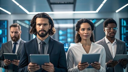 Diverse team of professionals holding tablets in a modern office setting