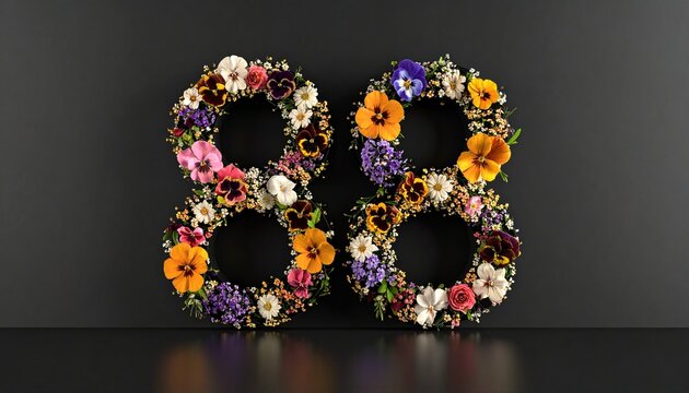Number 88 made out of flowers with black background. Photo for 88th birthday or anniversary party