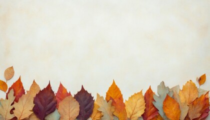 Herbstlicher Hintergrund mit buntem Laub am unteren Rand und viel Platz für Text – ideal für Einladungen, Grußkarten oder Poster. Generative KI