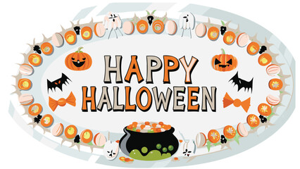 Happy halloween message with pumpkins bats ghosts and a cauldron on a decorated oval plate design