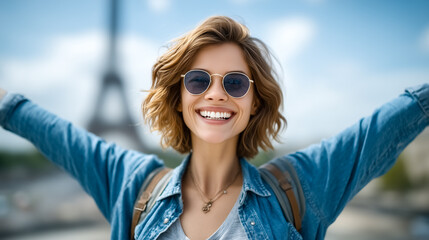 Woman with short hair wearing sunglasses smiles joyfully with arms open wide in front of Eiffel Tower. Bright sunny day, vibrant atmosphere suggests travel, tourism, adventure
