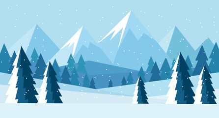 Winter mountain landscape with snowy peaks and forest of evergreen trees. Flat design for Christmas card.