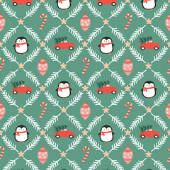 Christmas seamless pattern with penguins, red car, lollipop and Christmas tree balls on a green background with white pine branches.